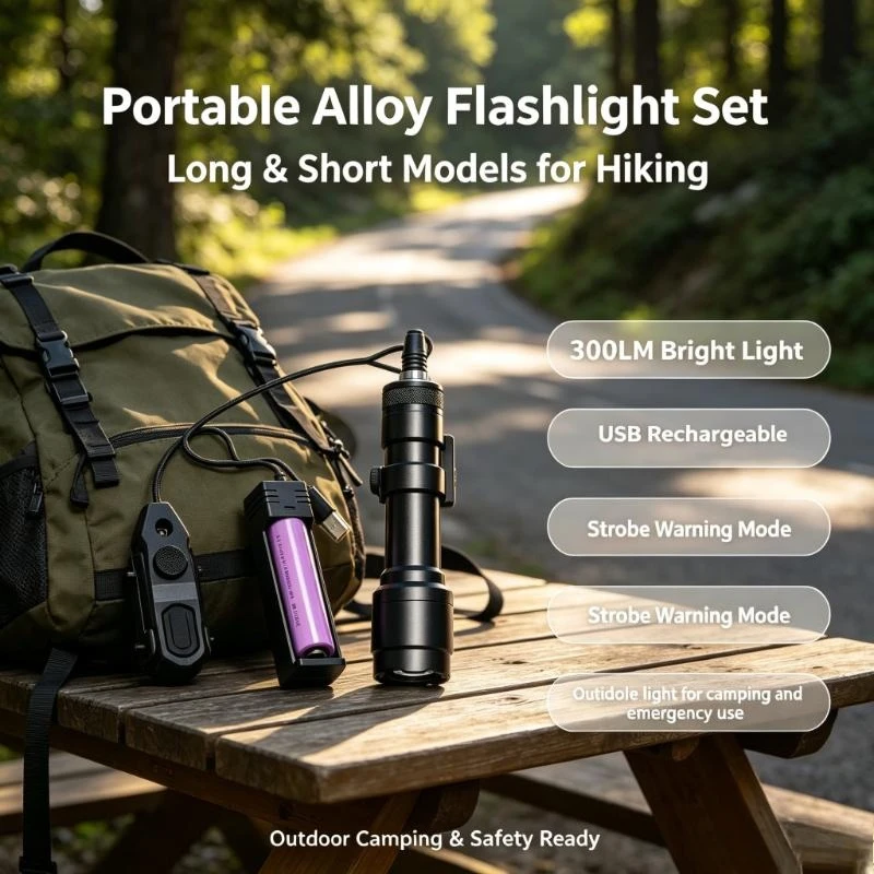 Alloy LED Torch Combo Long & Short, High Lumen Light with Strobe Mode, USB Charging, Outdoor Survival Equipment