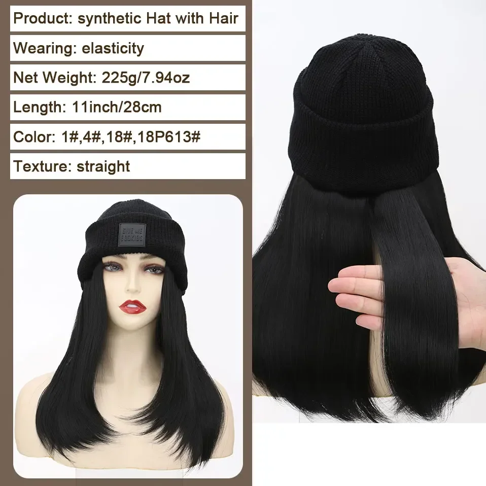 Hat Wig Knitted Beanie Wig Hat Hair Extension Straight Wig Hat Attached 11 Inch Synthetic Hairpiece for Women Girls Winter  Factory Direct Wholesale, Affordable Bulk Price Cost-effective Bulk Price