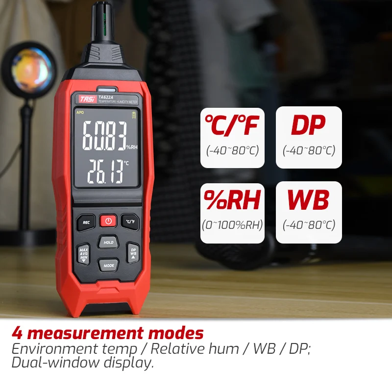 

Digital Temperature Humidity Meter -40℃~ 80℃ / ℉ DP / WB 0~100RH% Environment Testers Thermometer Hygrometer