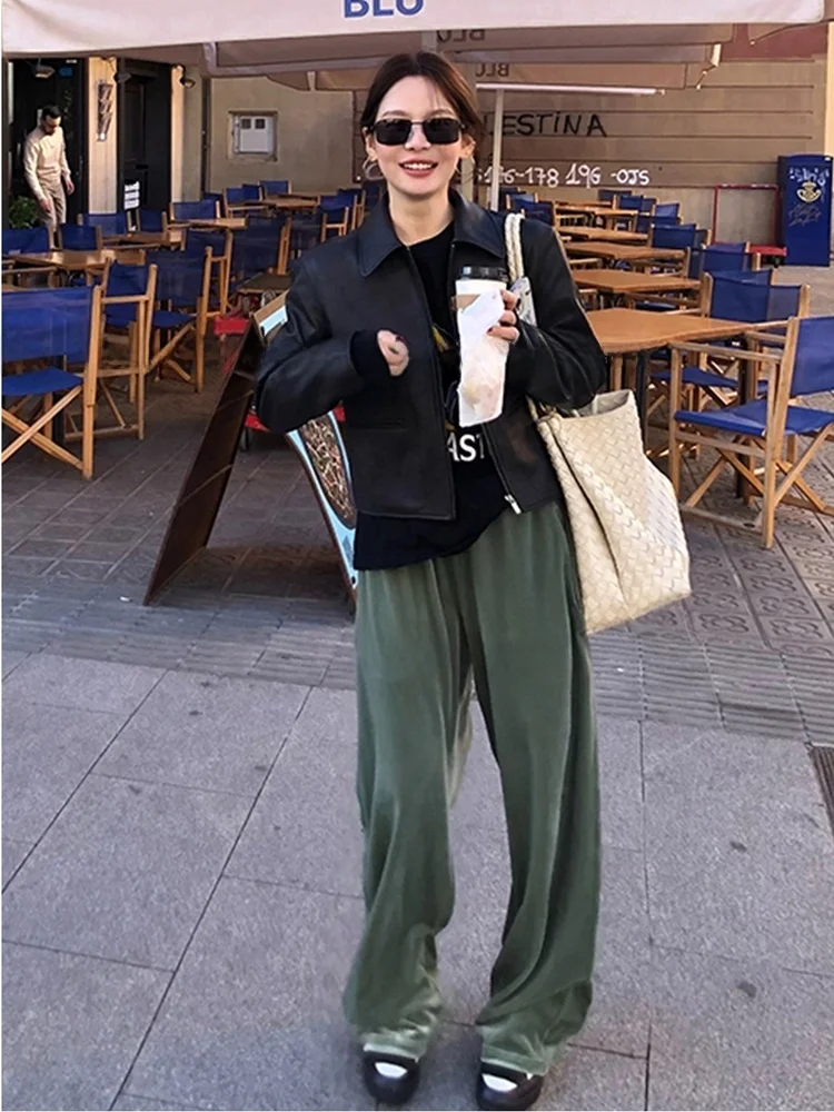 Cool Bla Leather Jaet Casaco feminino de motocicleta ort Sle com zíper tubo reto longo gola Sve Faionable Commut...