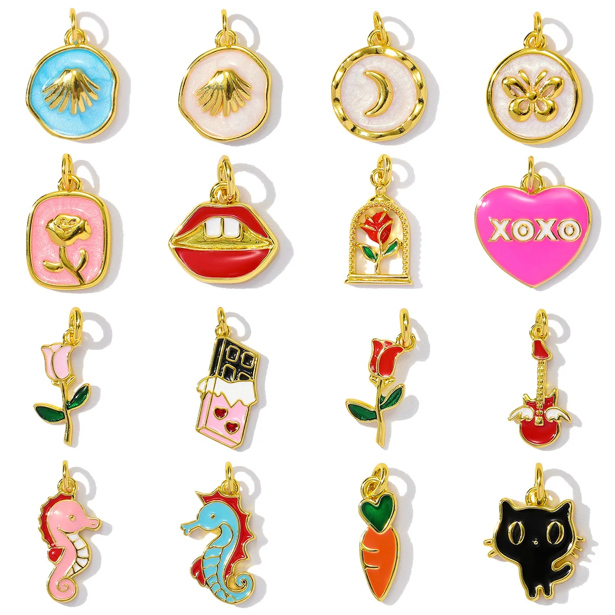 3 teile/los Großhandel Kupfer Emaille Mond Rose Lip Diy Charms Frauen Shell Katze Seepferdchen Halskette Anhänger Schmetterling Herz Schmuck