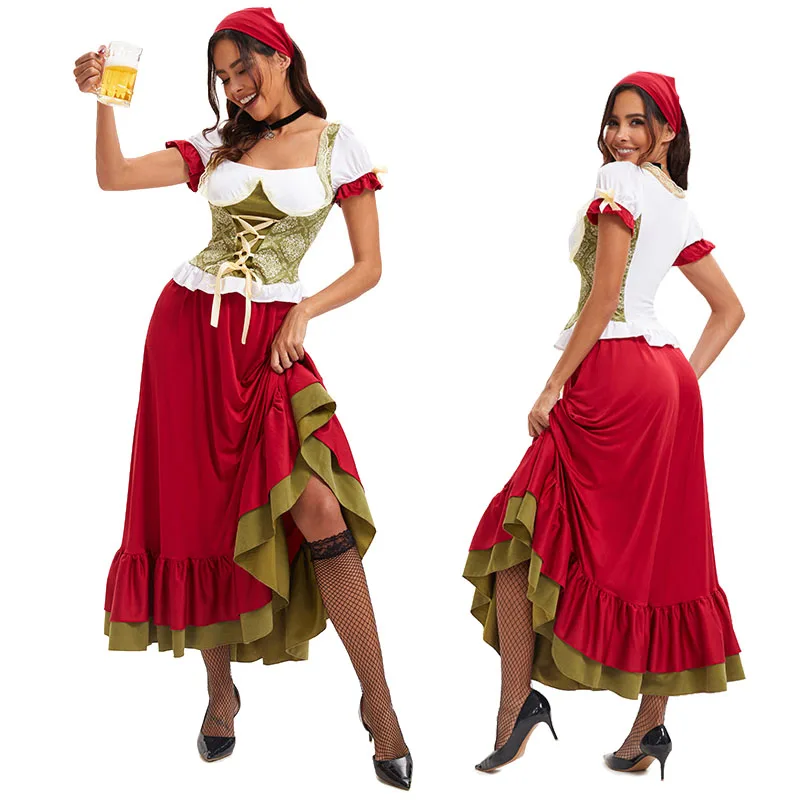 

Munich Women's Oktoberfest Costume Beer Sister Costume Halloween Bar Ding Dong Working Costume Blouse+Dress+Headband