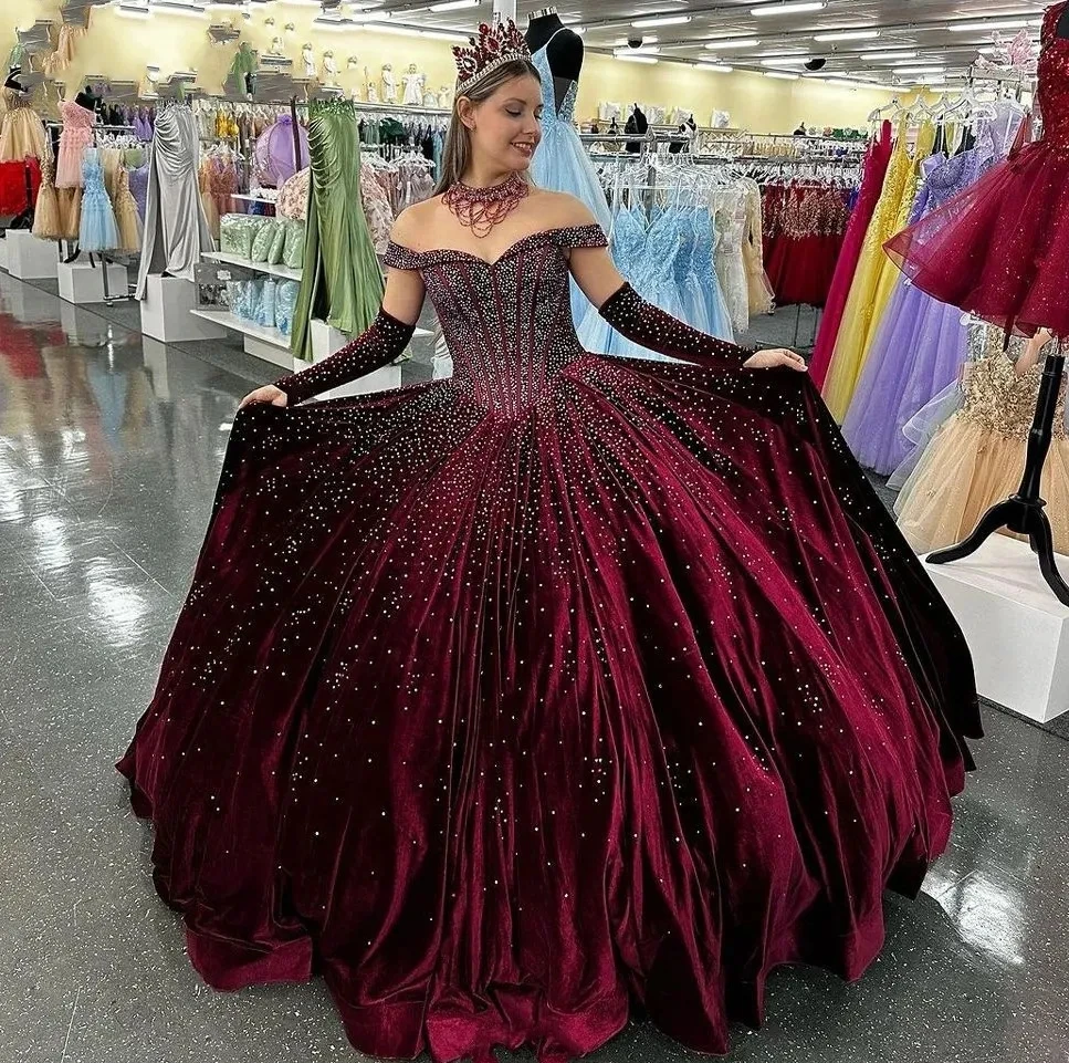 Robe de Quinceanera bourgogne avec perles en cristal et velours, robe de princesse, corset, boule, tout anniversaire, hors-initié, nouveau, 2025