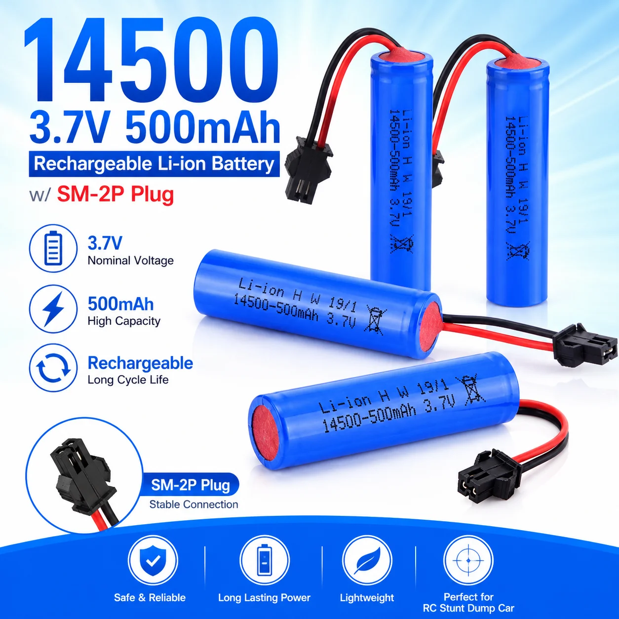 14500 3,7V 500mAh Wiederaufladbare Li-Ionen-Batterie mit SM-2P-Stecker, Perfekter Ersatz für Stunt-Dump-Cars, Boote, Panzer, LKW-Spielzeugzubehör