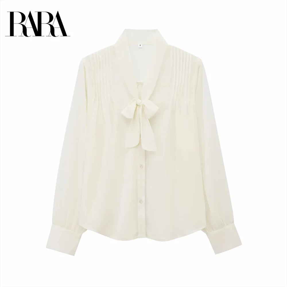 

RARA 2022, новинка зимы, женская модная повседневная однобортная рубашка с v-образным вырезом и бантом, полупрозрачная рубашка с длинными рукавами