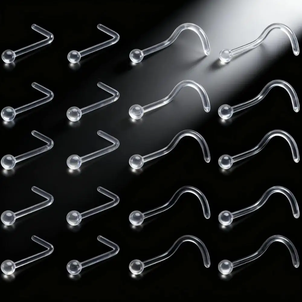 20pcs Set Clear Acrylic Nose Studs L-Shaped S-Shaped Nose Rings Ball Top Nose Fashio Piercing Jewelry Flexible Bone Retainer
