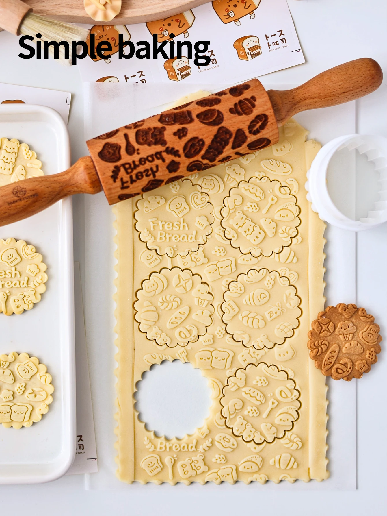 Laser Engraved Flower Design Elm Wood Rolling Pin with Cute Cartoon Bread Pattern Parent-Child DIY Baking Cookie Mold