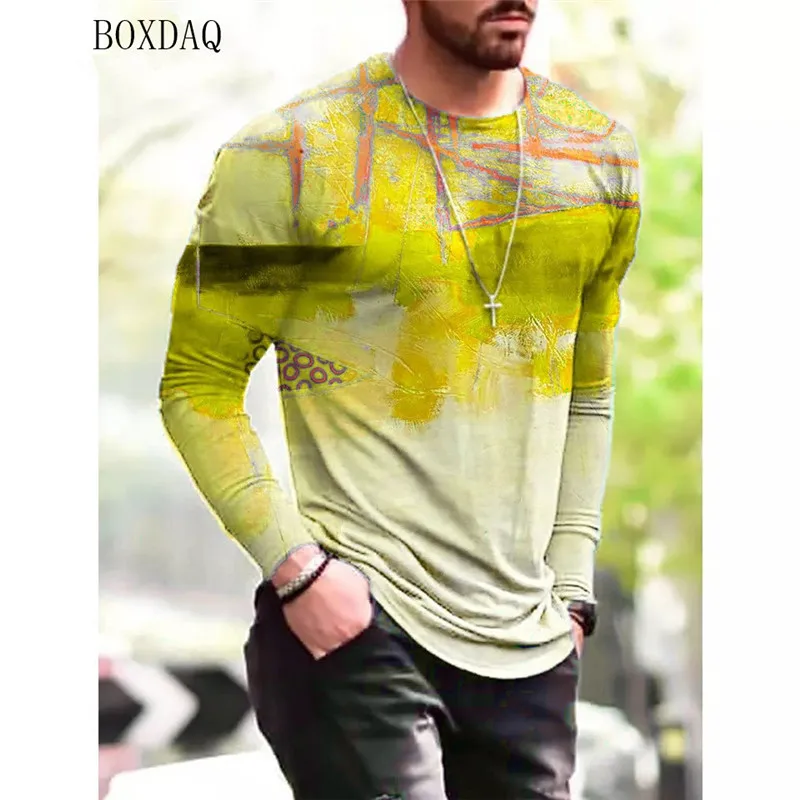 Tie-dye Men Street T-shirts Spring Autumn Long Sleeve Cotton 3D Gradient Print Fashion Tee 6XL Big Size Man Clothing Casual Tops