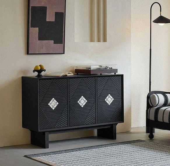 light luxury black solid wood chest, living room wall storage cabinet, storage next to the sofa
