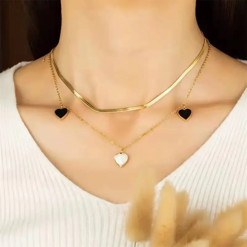 2023 New Korea Trendy Double Layer Dold Color Stainless Steel Chain Heart Pendant Necklace for Women Luxury Jewelry Accessories