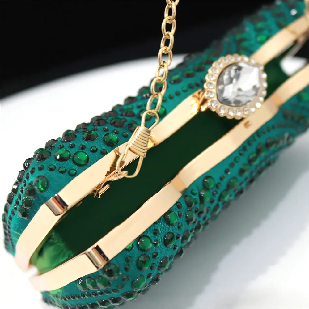 Green Color Bride Handbag Wallet Luxury Wedding Rhinestone Crystal Metal Chain Women's Party Chain Crossbody Bag