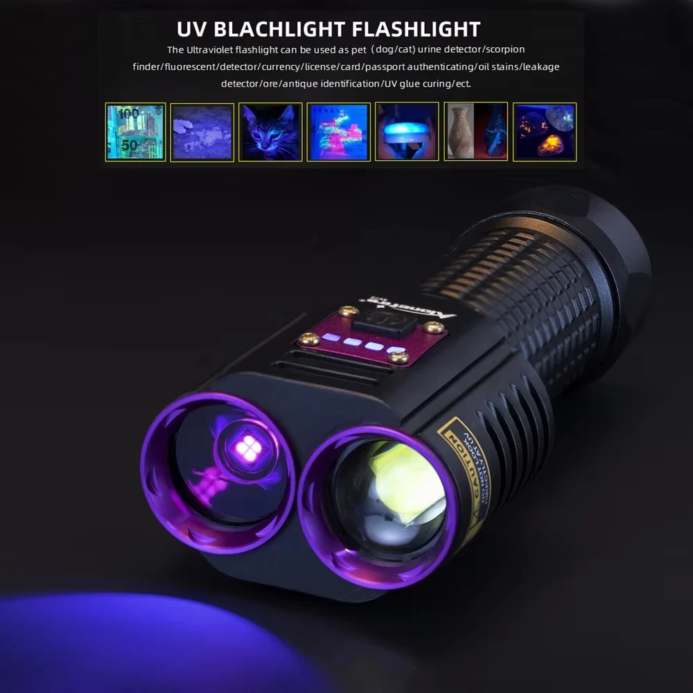 KENSUN UV+White Light Power Flashlight 365nm Ultraviolet XHP50 Torch for Money Ore Pet Stains Leakage Marker Detector Lamp