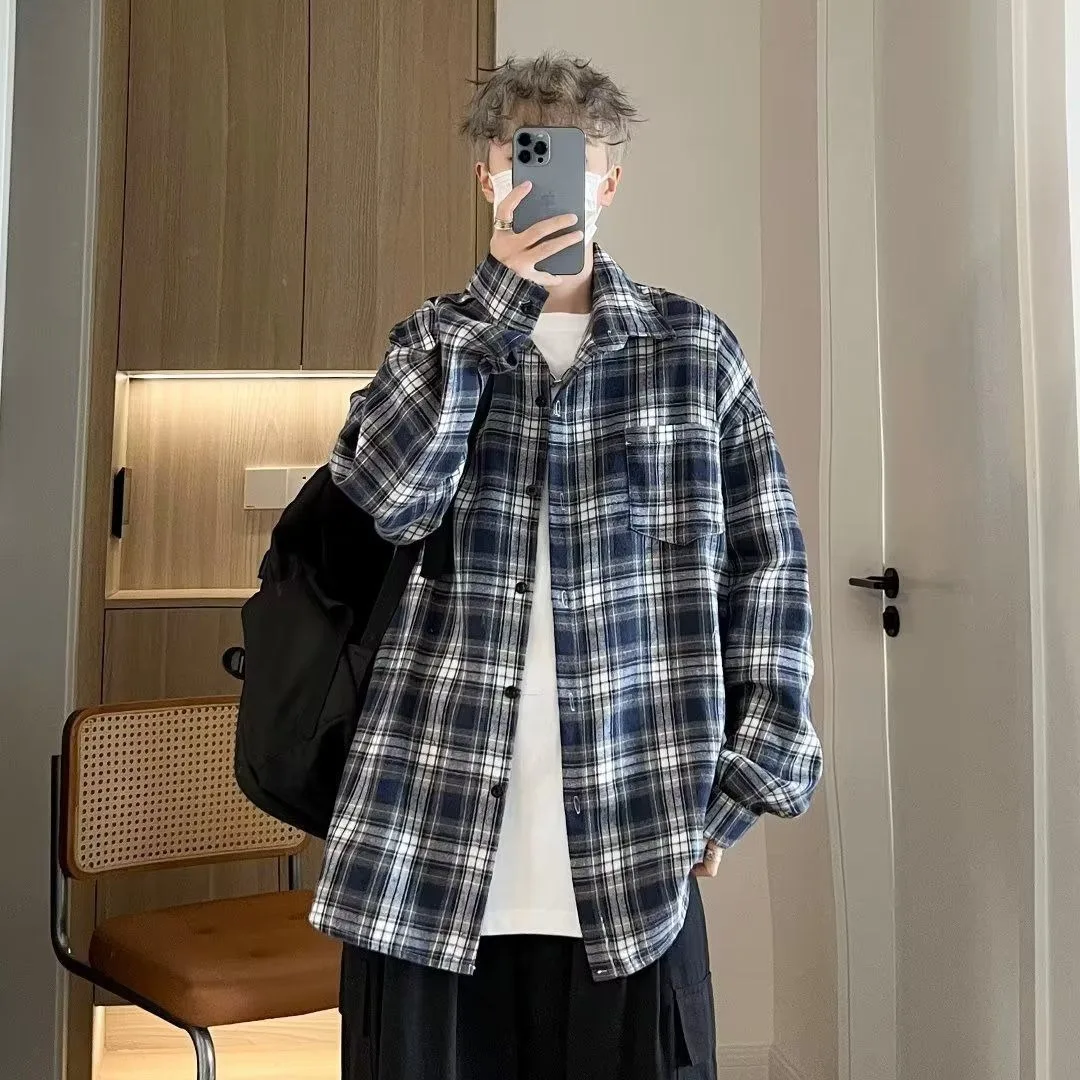 

Весенняя мужская повседневная свободная куртка-рубашка в стиле ретро с клетчатым принтом, большой размер, 300 пу, в американском стиле, для активного отдыха