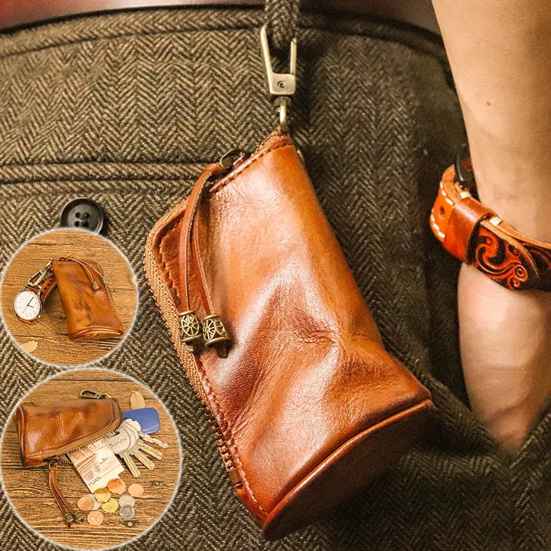 Handmade Leather Key Pouch Retro Cowhide Large Capacity Coin Storage Bag Unisex Simple Design American Vintage Style Key Holder