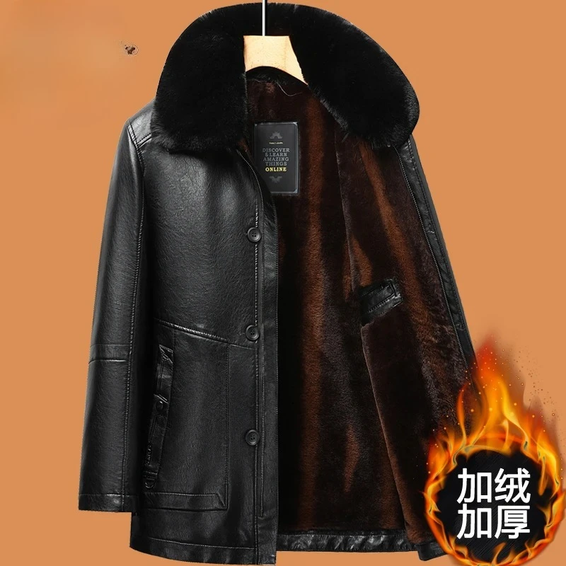 Leather Jacket Men Winter Jacket Men Medium Length Plush Thickened Leather Coat for Men Fur Collar Windbreaker for The Elderly