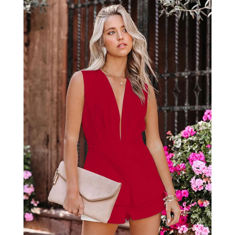 Spring Summer New Short Jumpsuits Women Sexy V-neck Backless Splicing Jumpsuit Fashion Temperament Elegant Party Female Clothing