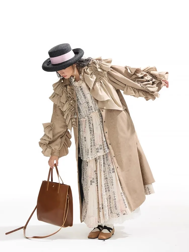 

Lautaro весенне-осенний длинный плащ с рюшами для женщин, однобортный, элегантный, шикарный, стильная, роскошная дизайнерская одежда 2025 тренчкот тренч женский пальто женское весна