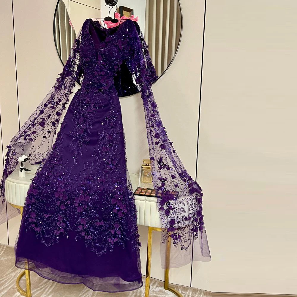 Customized Purple Floral Lace Evening Dress Cape Sleeve Flower Mermaid Special Occasion Dresses Fishtail Wedding Party Gown