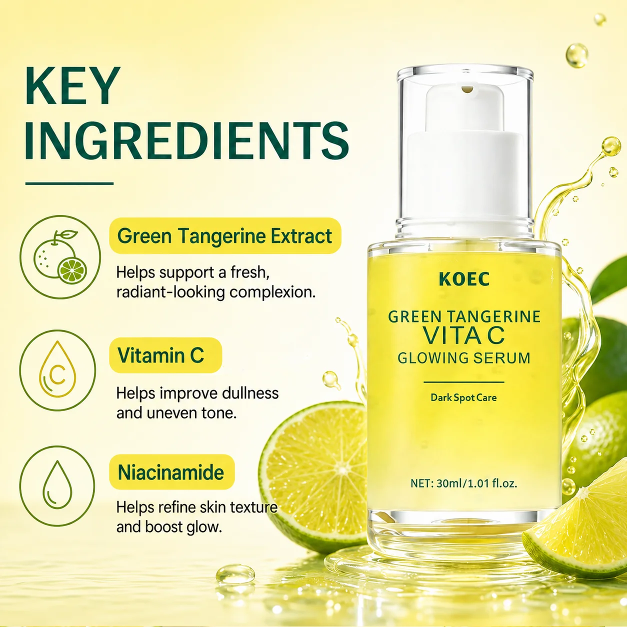 KOEC VC Brightening Facial Serum with Vitamin C & Niacinamide, Hydrating Glow-Boosting Face Serum for Even-Looking Skin Tone, Daily Radiance Care, 30ml/1.01fl.oz