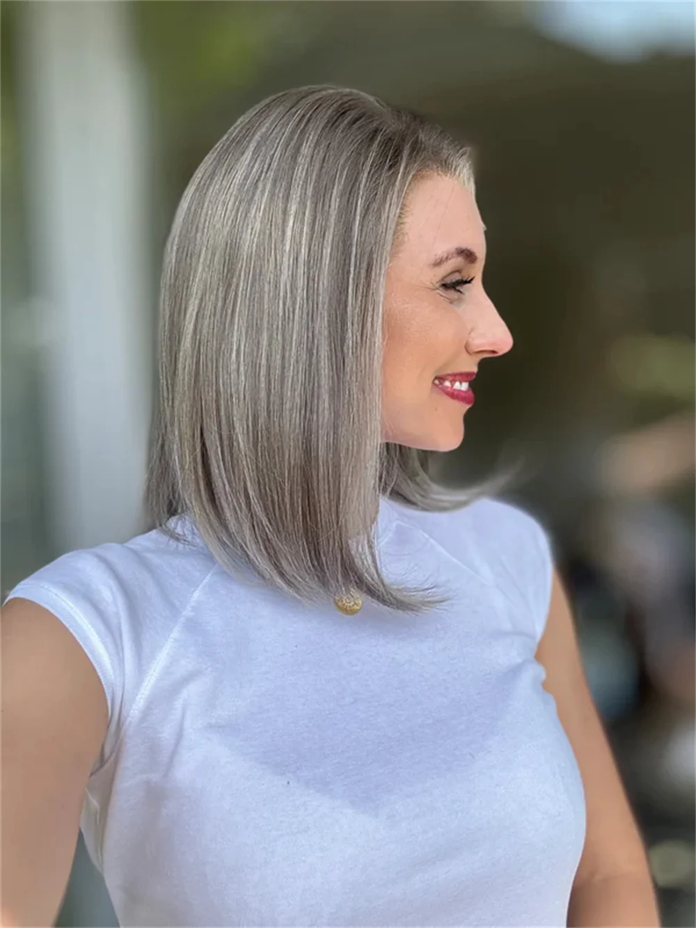 12 Inch Ash Blonde Balayage Straight Bob Wig Grey Highlights Premium Synthetic Hair HD Invisible Lace Front Glueless Wig