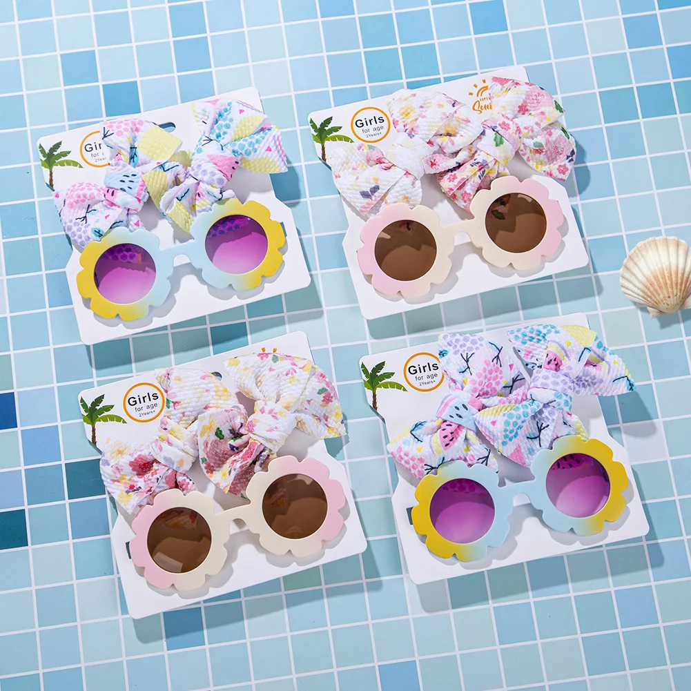 3Pcs/Set Flower Baby Sunglasses Grosgrain Ribbon Mini Hair Bows Clips Cute Hairpins UV400 Sun Shadow Glasses Kids Party Headwear