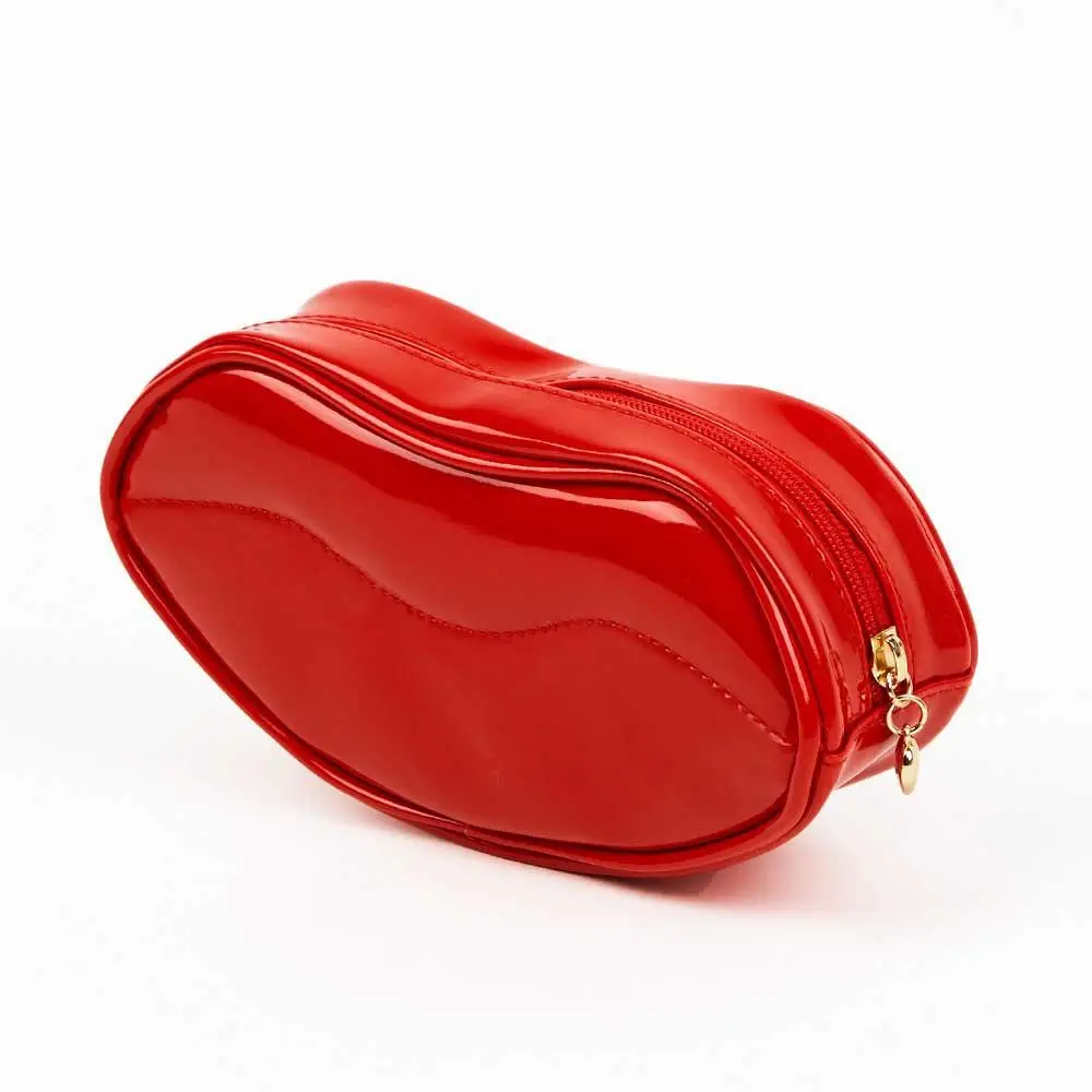 Patent Leather Fashion Sexy Red Lip Shape Cosmetic Bag Female Zipper Travel Large Capacity Storage Bag Casual Makeup Bag