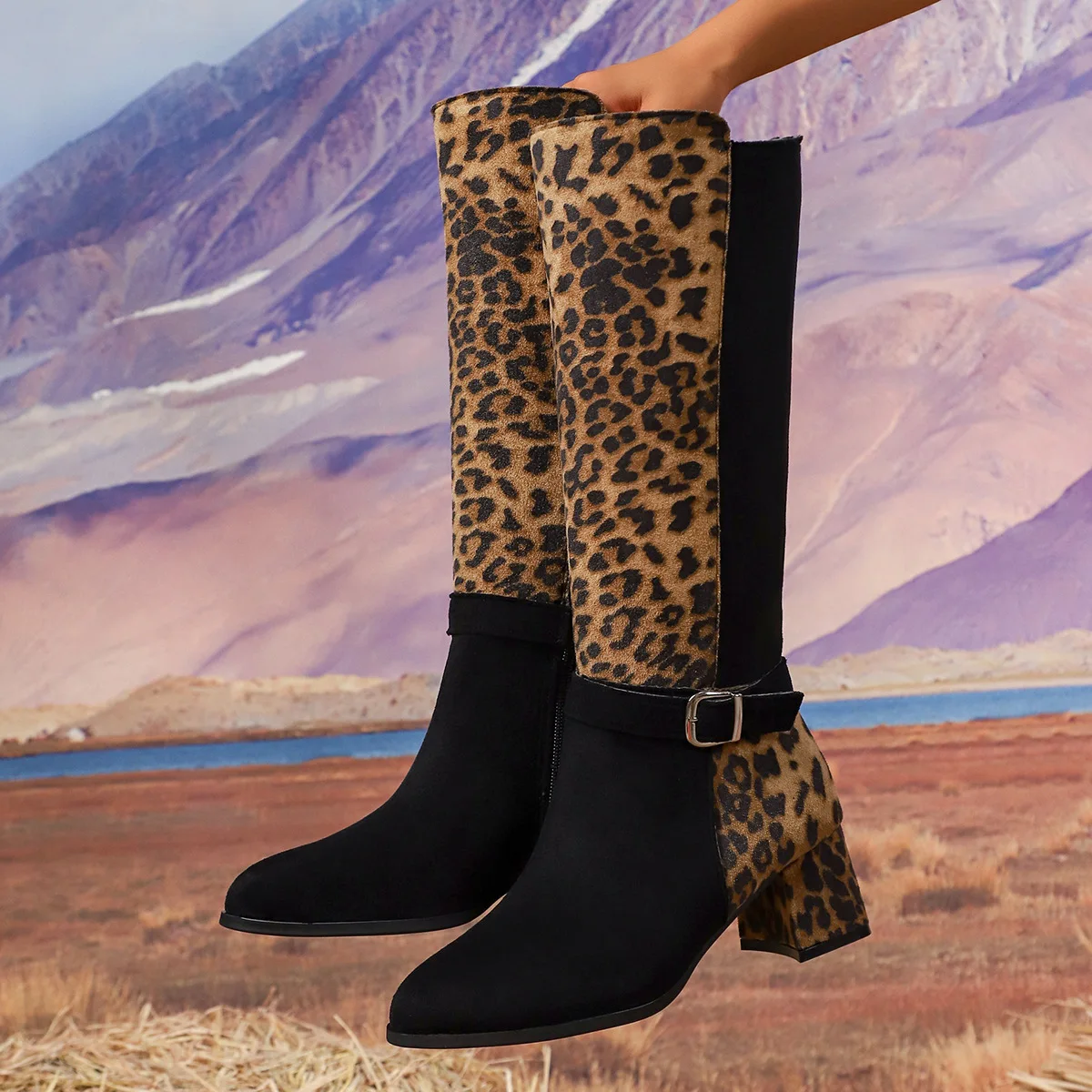 

Leopard print mid-heel fashion boots 2025 winter new style, thick-heeled, large-sized, high-top long boots with belt buckles for