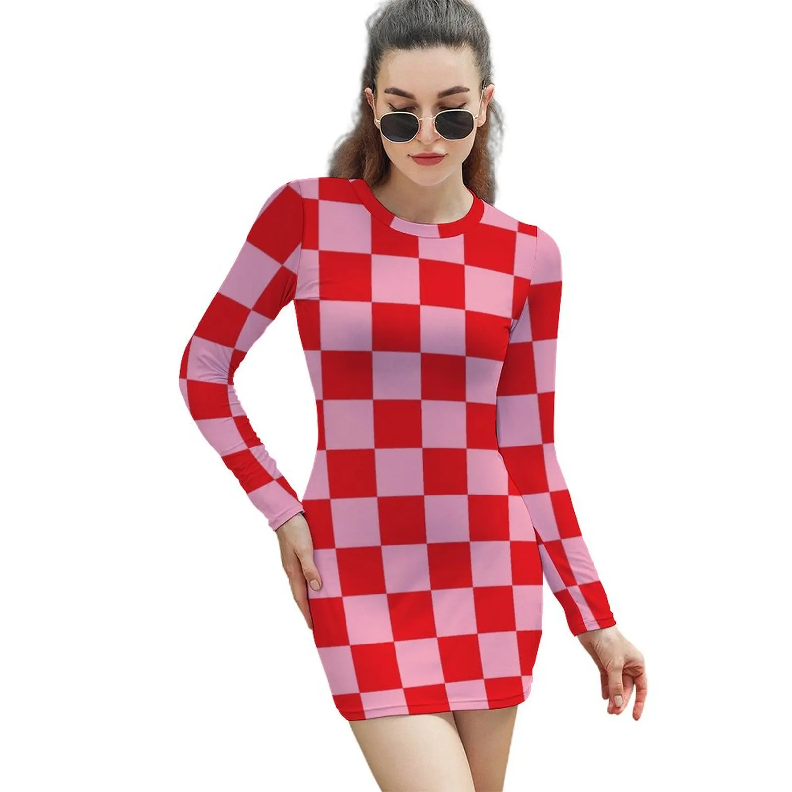 

Checkered Pink and Red Long-Sleeved Sheath Dress Women's skirt prom dresses