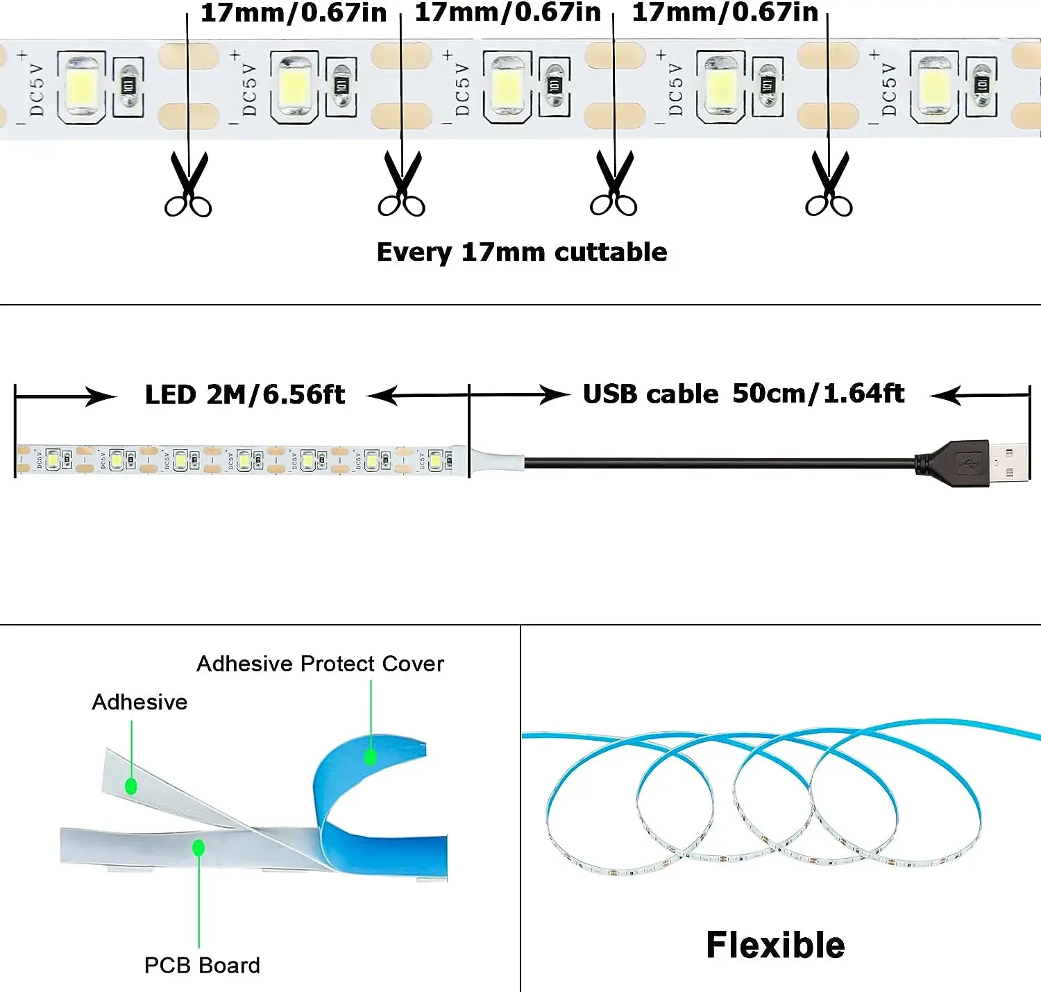 أضواء شريط LED USB 5V DC - 2835 SMD أبيض دافئ/أبيض، إضاءة خلفية مرنة للتلفاز، ديكور منزلي، شريط إضاءة DIY #4