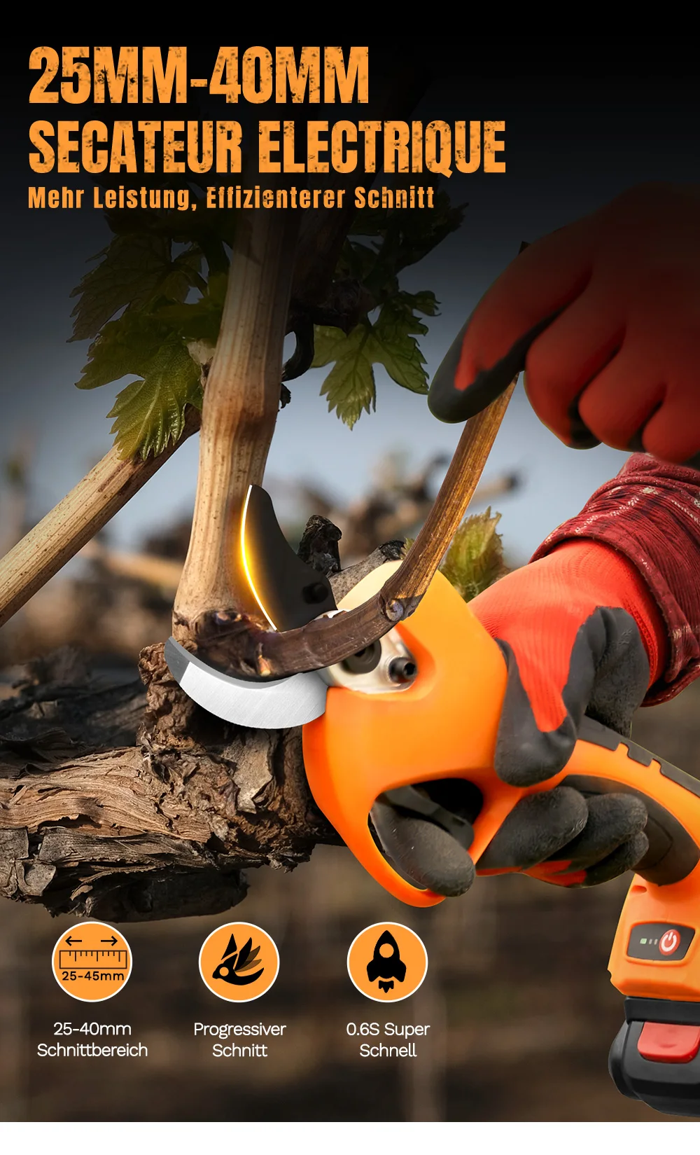 Electric Pruning Shears 40mm, 1150W 2Ah, 2 Gears, Powerful Battery Pruning Secateurs, Garden Tools for Orchard/Vine/Landscaping