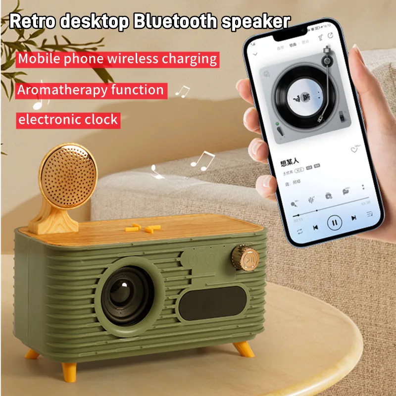 

Portable Retro Bluetooth Speaker Desktop Clock Audio System Wireless Phone Charger Vintage Music Player Aromatherapy Diffuse