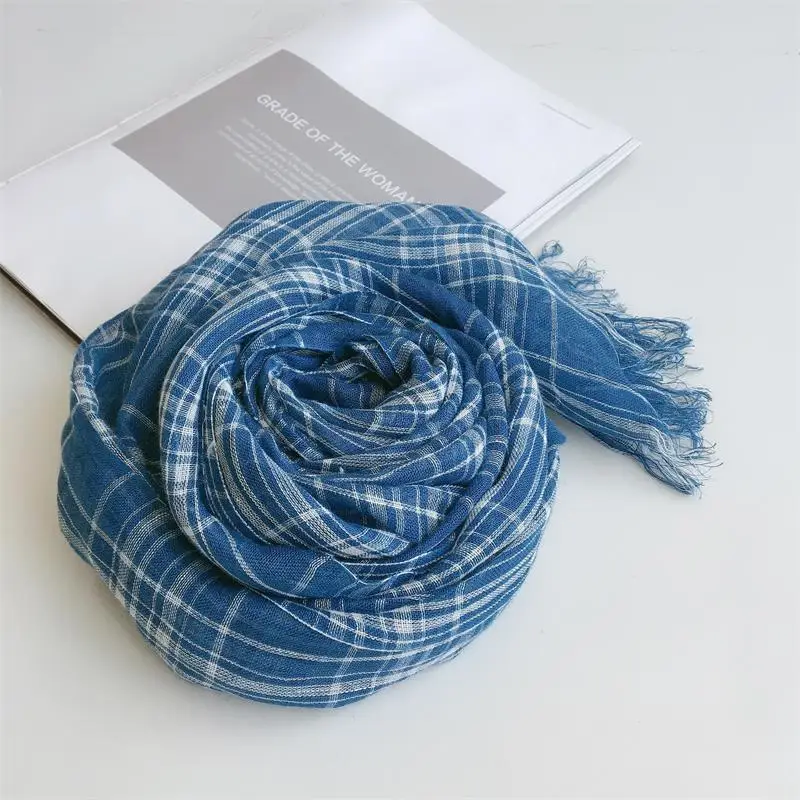 Spring/Summer Delicate And Pretty Blue Plaid Linen Scarf