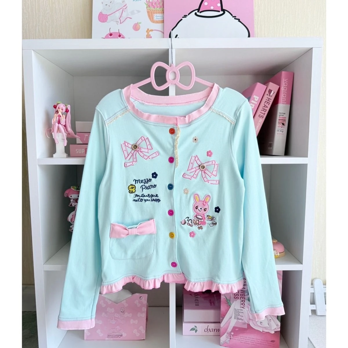 

Autumn Rainbow Color Buttons Ruffled Edges Jacket Women Japanese Sweet Cute Mp Light Blue Cardigan Daughter Clothing Jojifuku