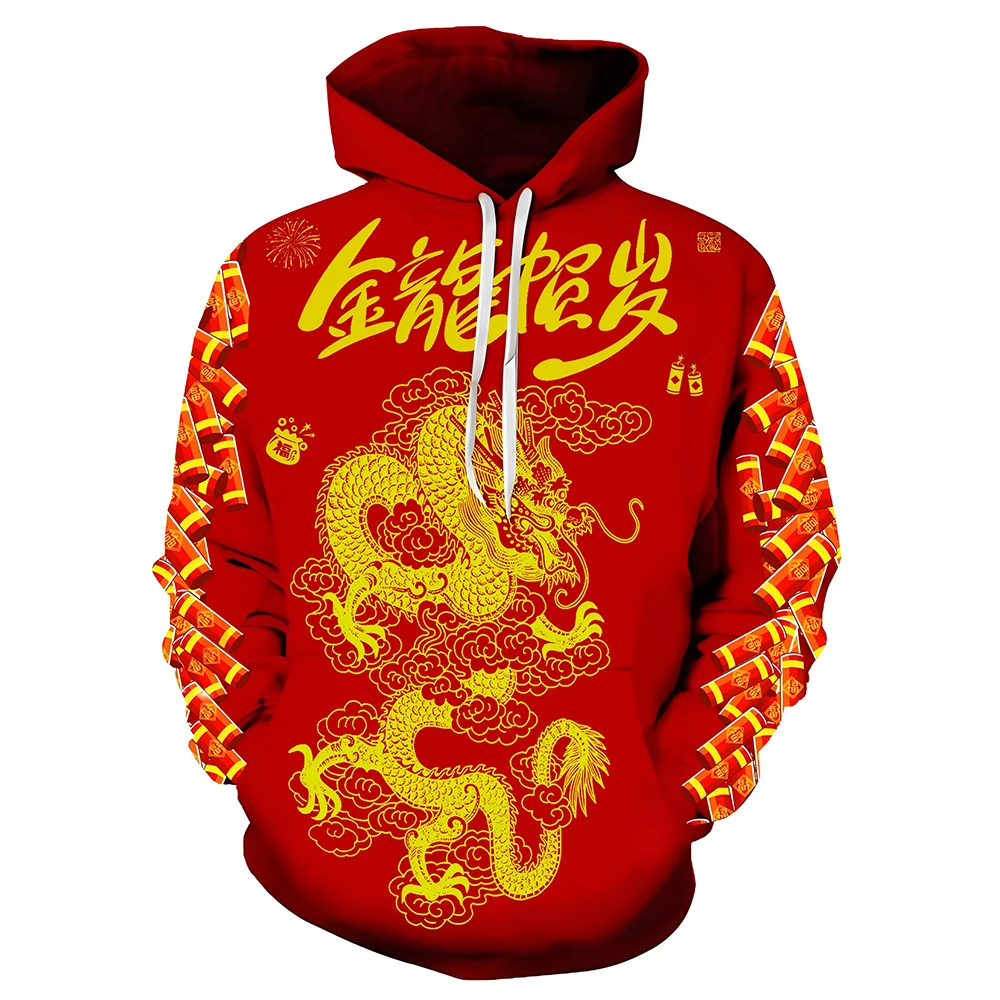 

Chinese Dragon Year Gift Red Hoodie Spring Festival Gold Dragon Graphic Hoodies for Men Clothing Pullover Hooded Sweatshirt Tops