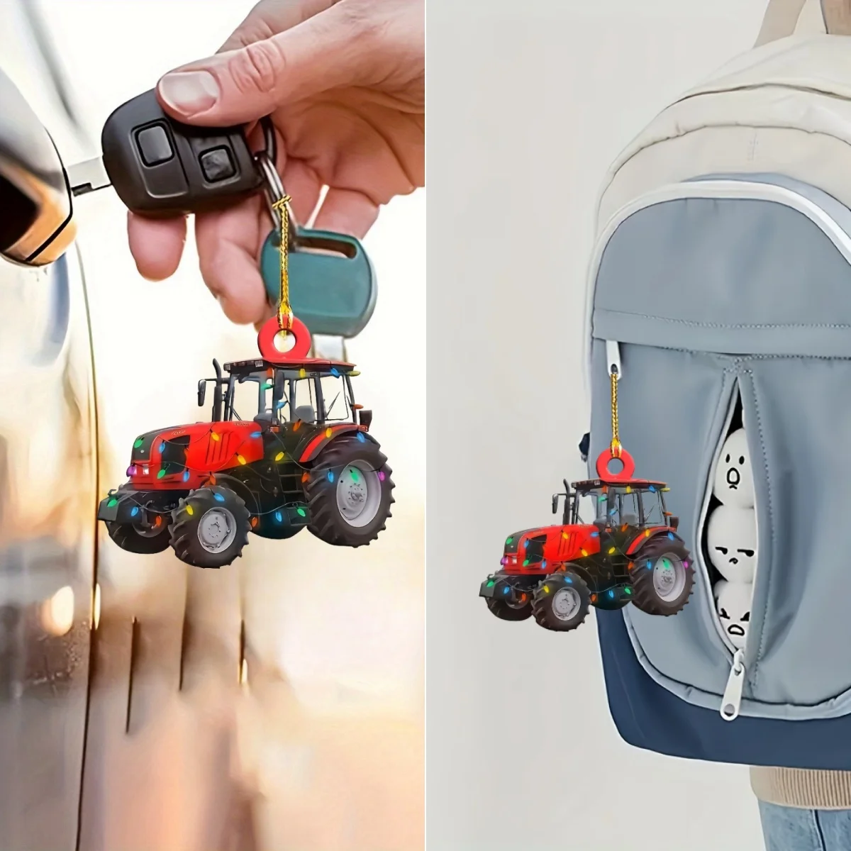 Festive Tractor Pendant Keychain,Christmas Love Expression 2D Acrylic Versatile Charm,for Car Mirror,Backpack,Festive,Gift&Decor