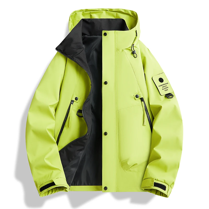 Herren Kapuzen-Windbreaker-Jacke, wasserdicht, mit Reißverschluss, Druckknopf-Armpatch-Design, mehrere Taschen, locker geschnitten, für Outdoor, Wandern, Camping, Alltag. – Detail 7