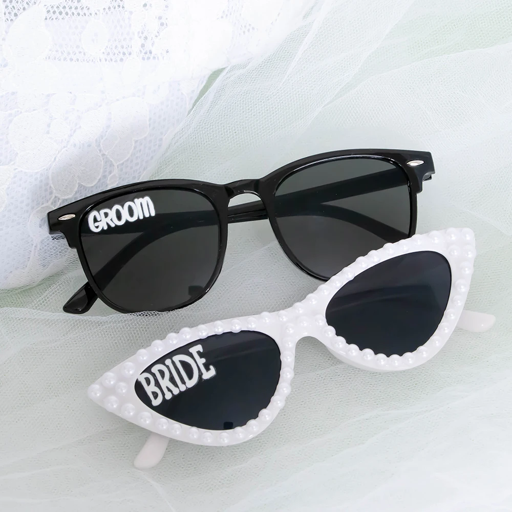 2Pcs Bride Groom Sunglasses Pearl Heart Sunglasses Bride To Be Wedding Day Honeymoon Engagement Bridal Shower Bachelorette Party