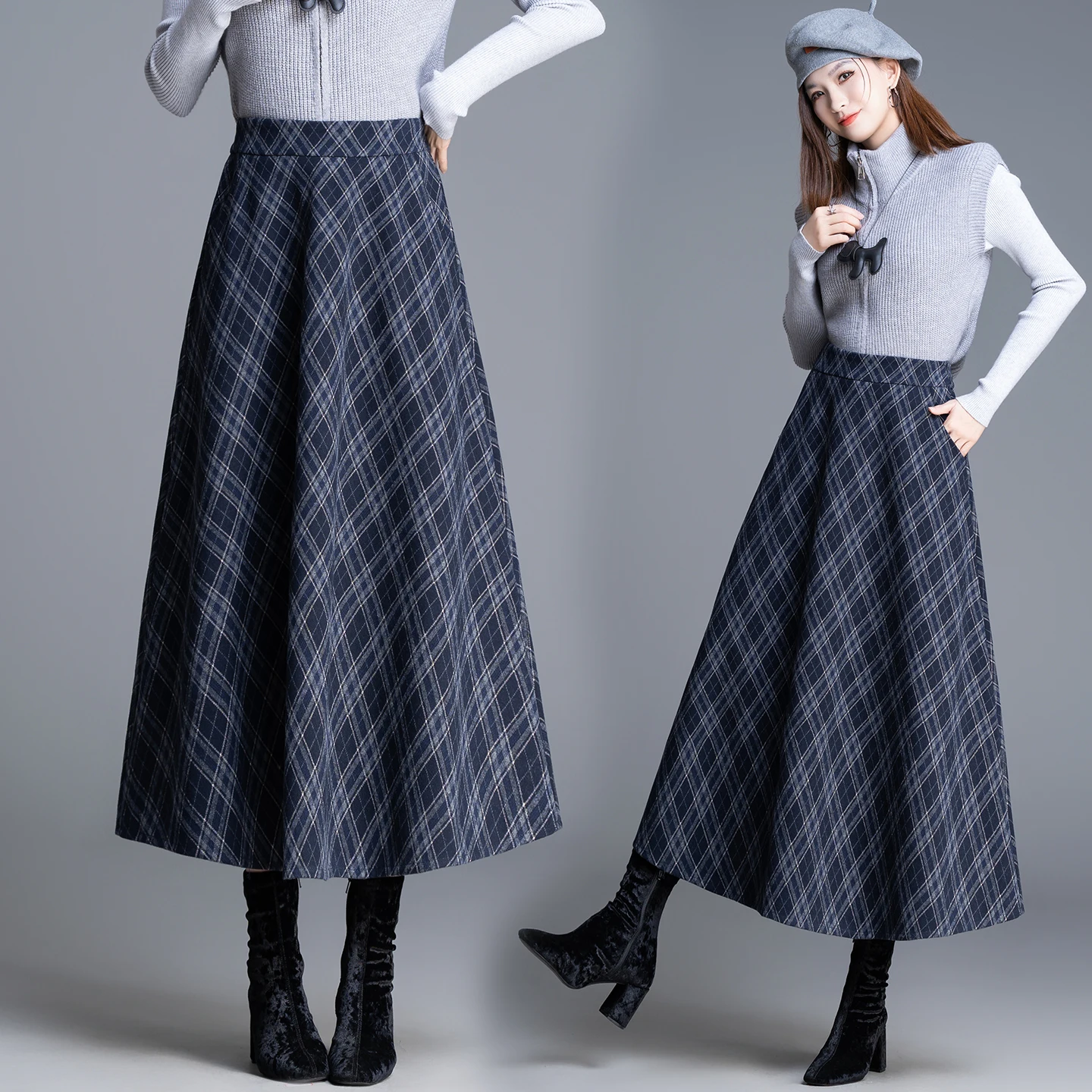 

High Waist Plaid Woolen Midi Skirt Women's A-Line Skirts Autumn Winter New Slim Fit Umbrella Skirts Polyester Fiber