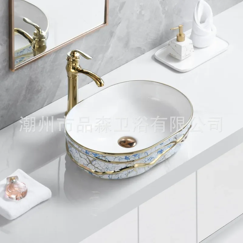 Gold Electroplated Ceramic Wash Basin Luxury Floral Design Round Tabletop Sink for Modern Bathroom Vanity Decor