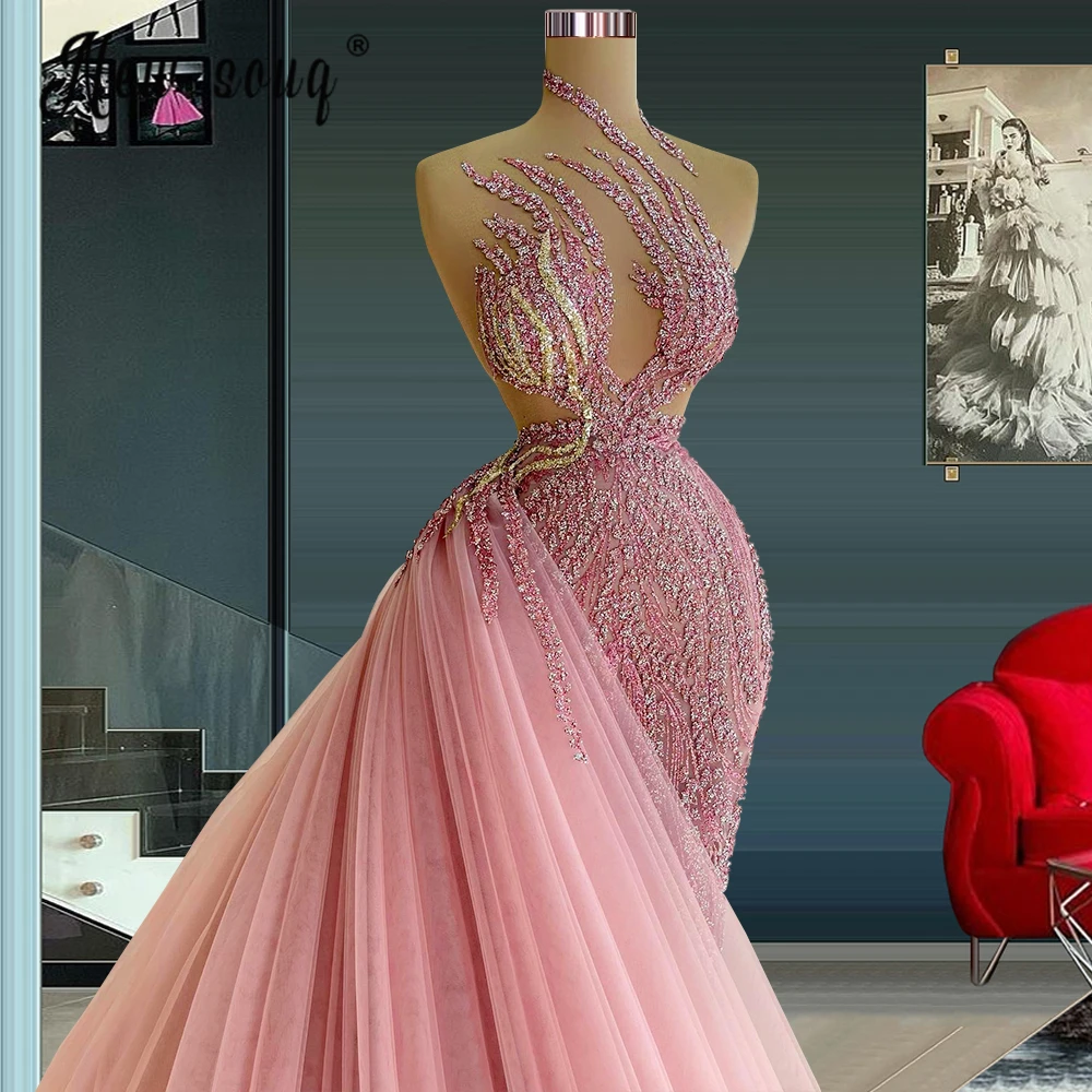 

Pink Mermaid Formal Prom Dress With Detachable Train Elegant Beaded Sequin Dress Formal Evening Party Maxi Gowns Plus Size