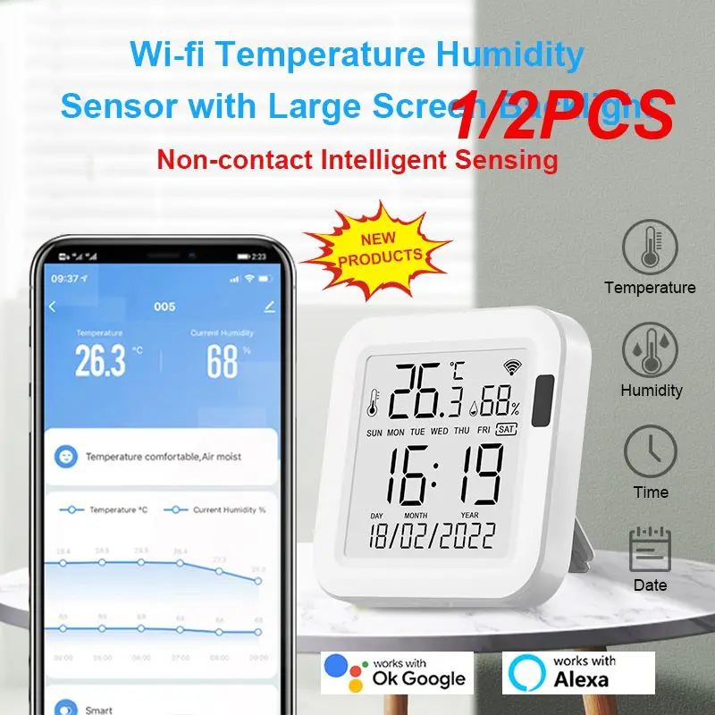 

1/2PCS Tuya Temperature and Humidity Smart Sensor With Backlight for Smart Home var WiFi SmartLife Work with Alexa