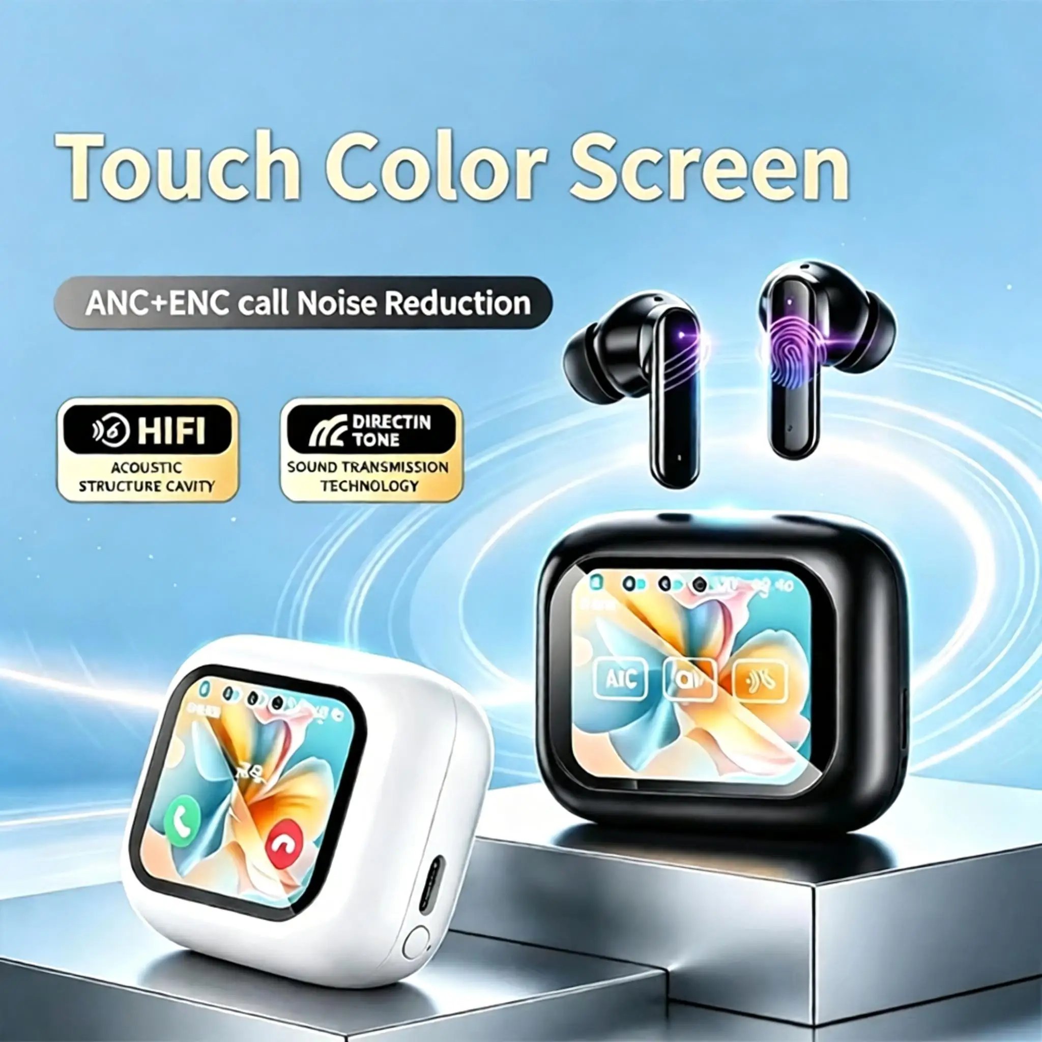New LCD Touch Screen Bluetooth Earphone TWS Stereo Earbuds ANC Active Noise Cancellation HIFI Bass Waterproof Sports Earphone