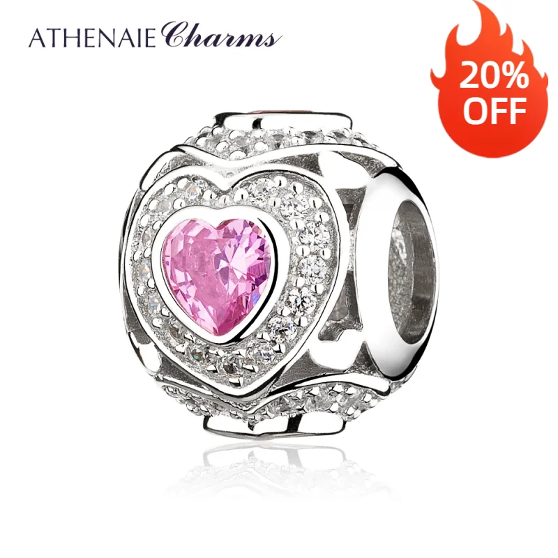 ATHENAIE 925 Sterling Silver with Pink & Clear CZ Row of Hearts Bead Charms