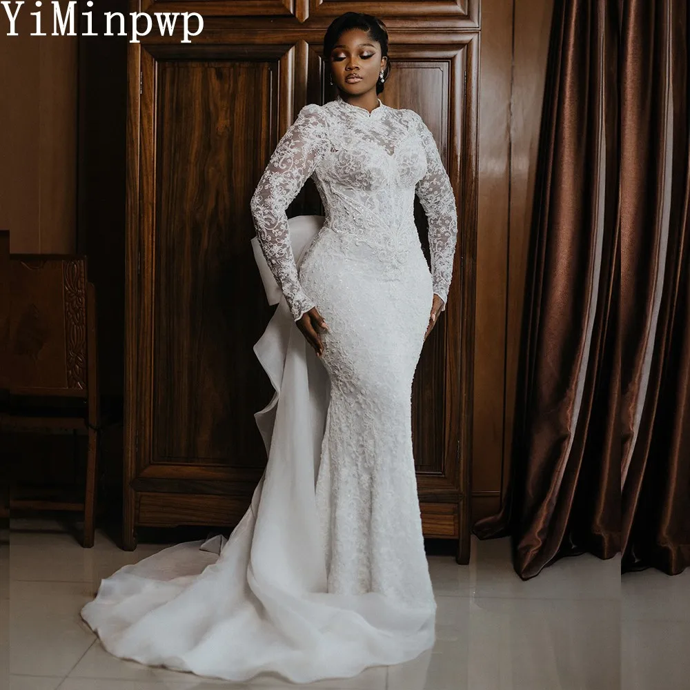 Lace Mermaid Wedding Dresses for Bride Long Sleeves Sweep Train Big Bow Beads Africa Garden Bridal Reception Gowns Customized