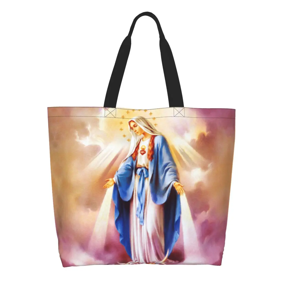 Custom Catholic Virgin Mary Shopping Bag Women Shoulder Canvas Tote Bag Durable Our Lady of Guadalupe Groceries Shopper Bags