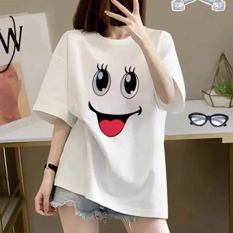 Women's Clothing Elegant Sweet Expression Print T-shirt Summer Casual Loose Pure Cotton Short Sleeve T-shirt All-match Pullovers