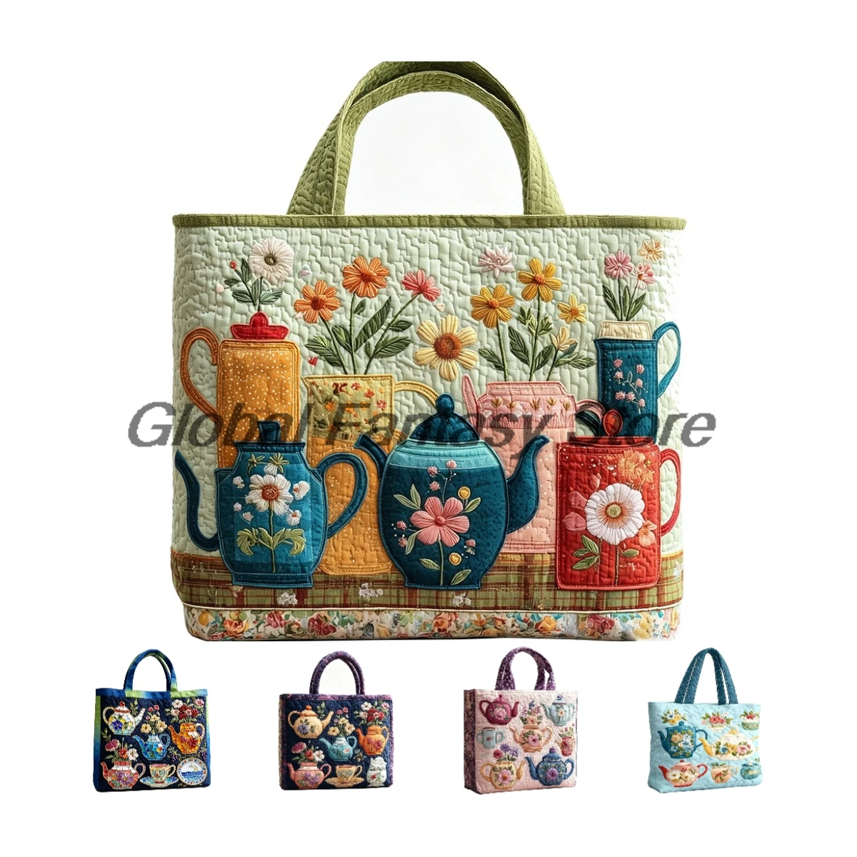 

Lady's Teapot Floral Quilted Tote Vintage Kitchen Art Shoulder Bag Casual HandBag Women Daily Shopping Bags