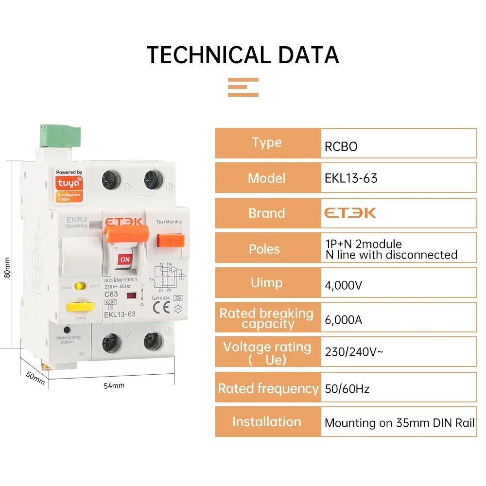 Imagem -03 - Etek-tuya Wi-fi Disjuntor Inteligente Rcbo Controle Remoto Proteção contra Curto-circuito Cronometrado 2p 16a 25a 32a 40a 63a Ekl13