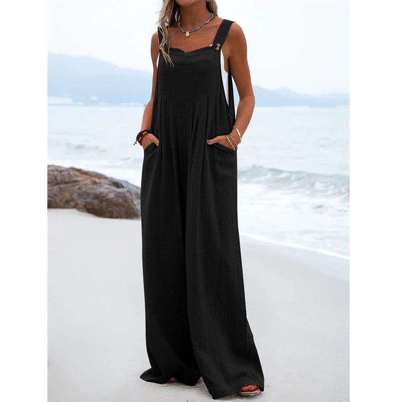 2023 Summer Vintage Holiday Beach Sleeveless Button Strap Wide Leg Overalls Jumpsuit Casual Solid Loose Pockets Rompers Outfits