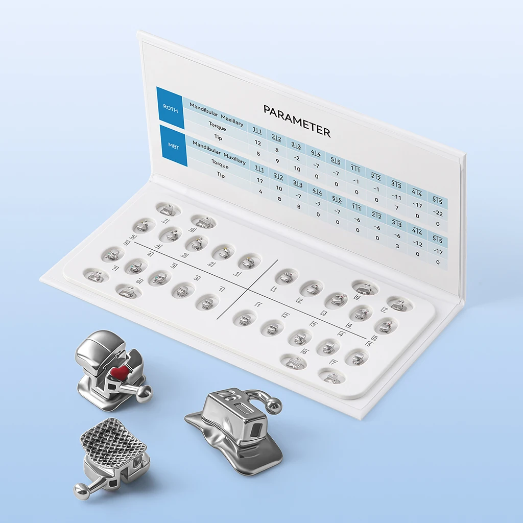 28 Stück/Box AZDENT Zahnspangen Selbstligierende Brackets mit Netzbasis, runden Kanten, Dual-Draht, Roth MBT 0.022, Bukkalröhrchen – Detail 10
